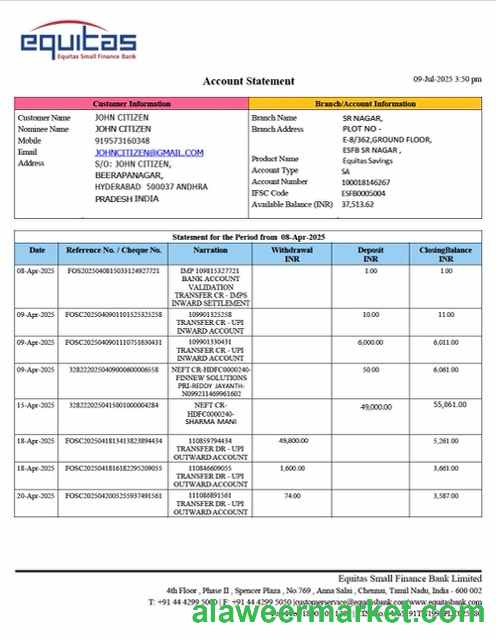 India Equitas Small Finance Bank account statement Word and PDF template
